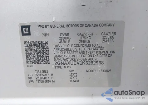 2019 Chevrolet Equinox Lt из США, поврежденный, VIN 2GNAXUEV1K6282968